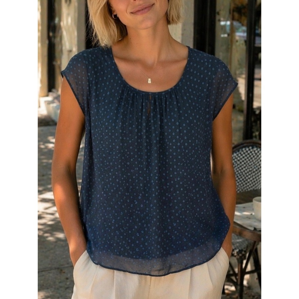 DR2 Blue Dot Chiffon Blouse with Keyhole Back Size Medium